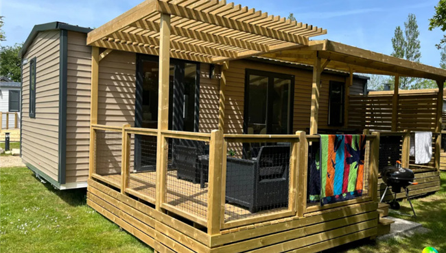 Hütte mobilheim zu vermieten premium gartenseite campingplatz Kost Ar Moor fouesnant bretagne