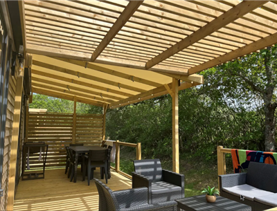 Hütte mobilheim zu vermieten premium gartenseite campingplatz Kost Ar Moor fouesnant bretagne