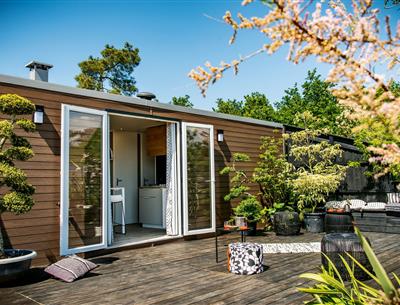Mobilheim Cottage zu vermieten 3 Schlafzimmer Whirlpool Spa Campingplatz Kost Ar Moor Fouesnant Bretagne