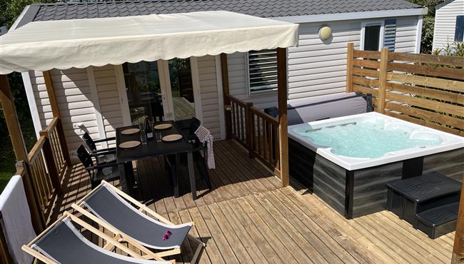 Mobilheim Cottage zu vermieten 3 Schlafzimmer Whirlpool Spa Campingplatz Kost Ar Moor Fouesnant Bretagne